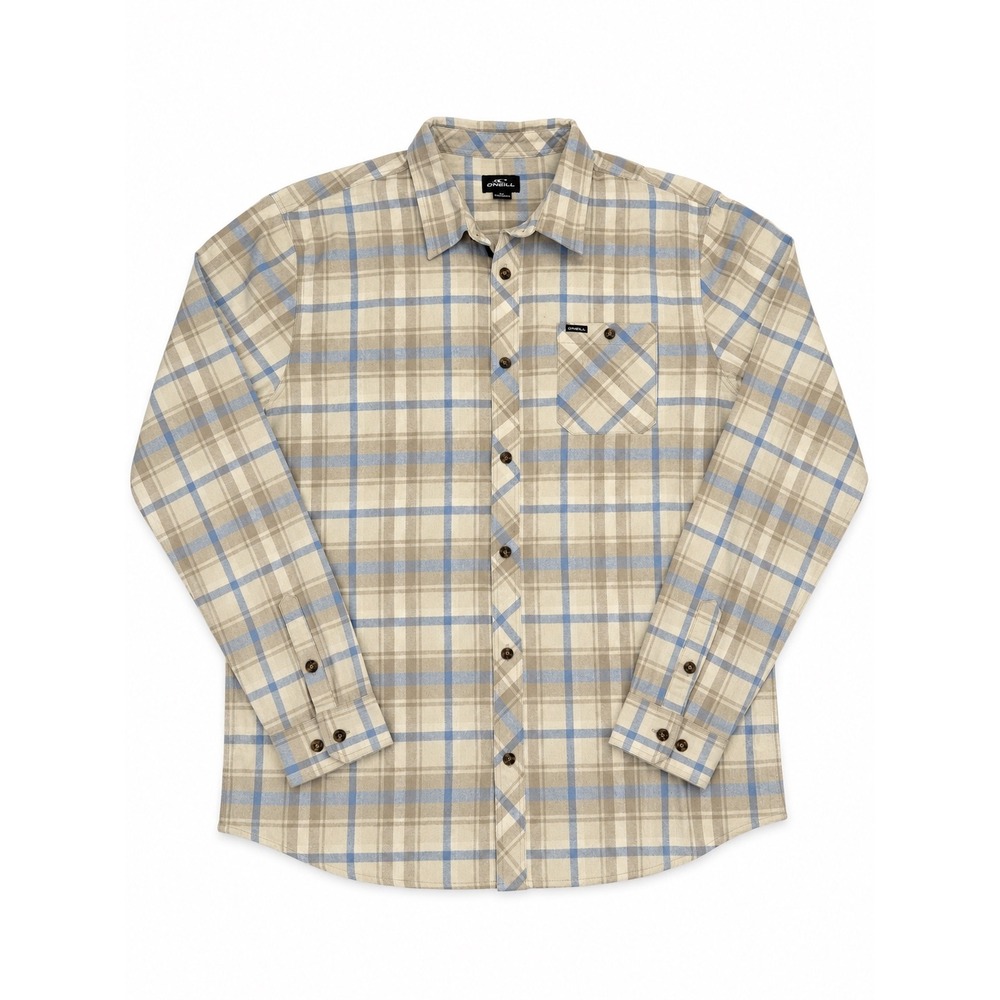 ONeill Mens XL Plaid Flannel Shirt Tan Blue Cotton Button Down NWT Surf Skate